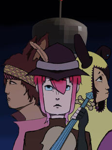 A poster for a video game featuring original characters Gaspar (left), Ray (center), Aurelia (right), and Proto (back). Proto is 3D modeled and was sculpted by a classmate collaborating on the project with me. February 2025.