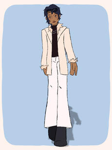 A flat colored drawing of an original character, Simon, to flesh out his visual design. January 2026.